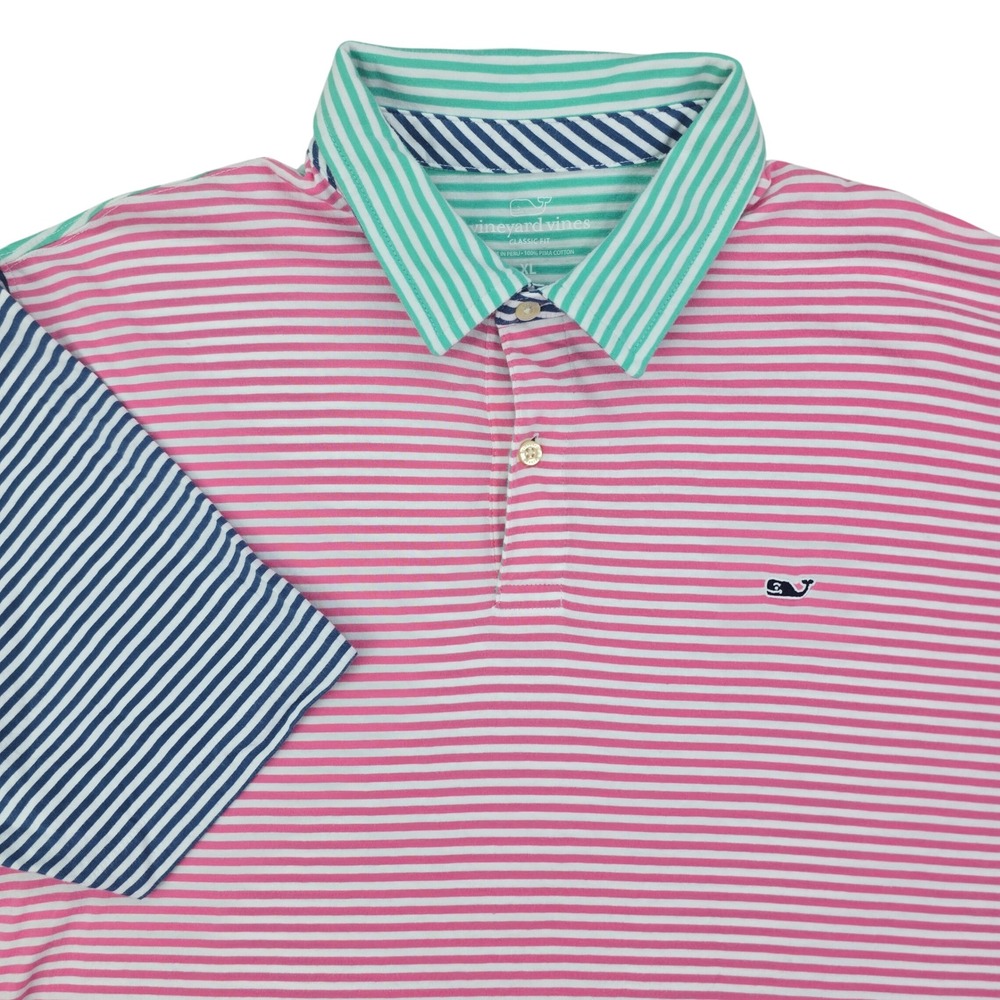 Vineyard Vines Classic Fit Polo Mens XL Pink Green Blue Stripe Pima Cotton Whale